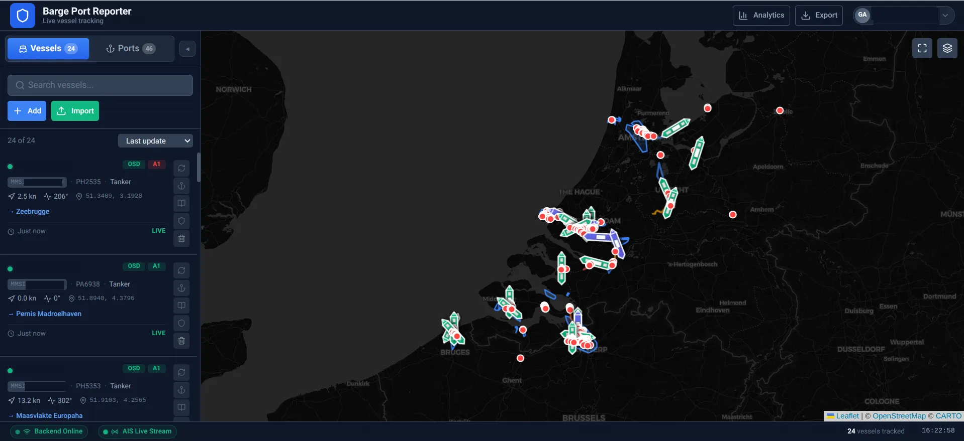 Barge Port Reporter — Vlootmonitoring en vaartijden, geverifieerd